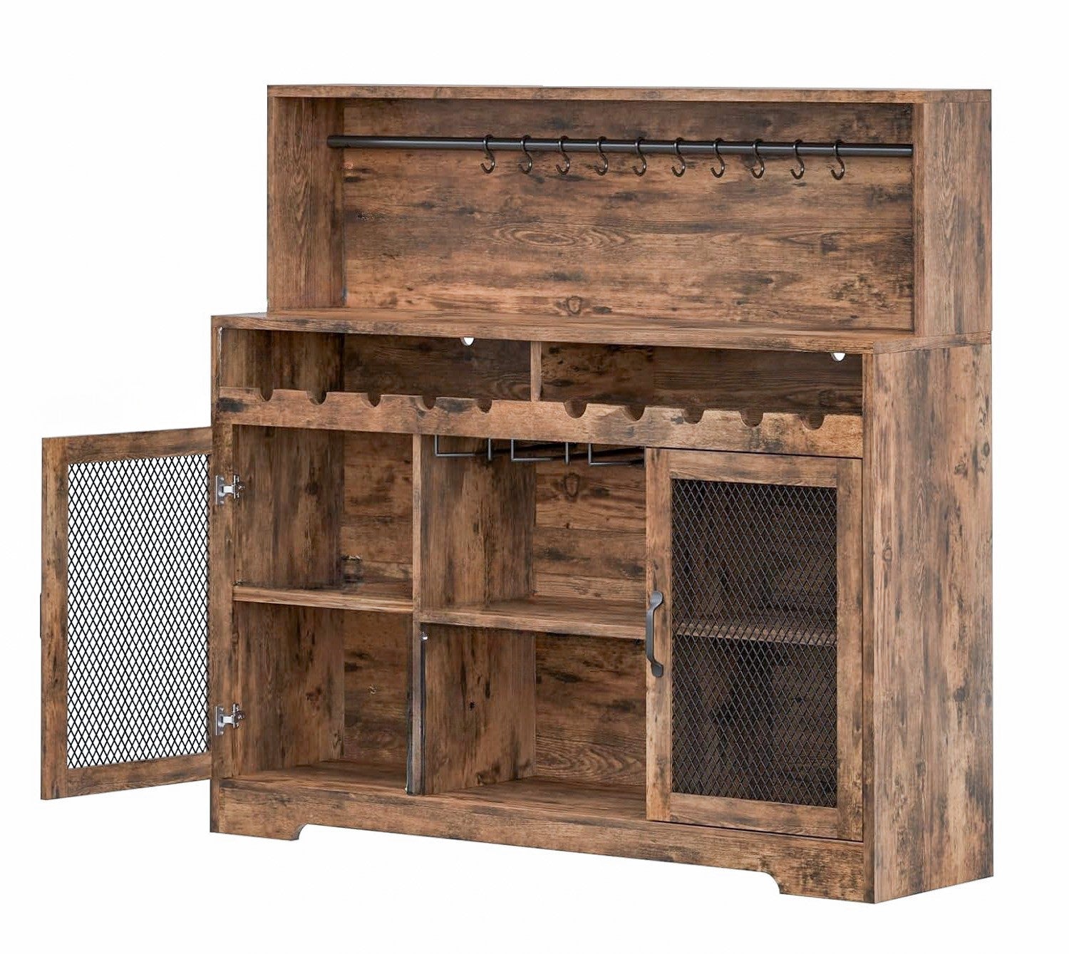 LED Wine Bar Cabinet with Glass Holder and Storage Shelves – Rustic Liquor and Coffee Bar Sideboard