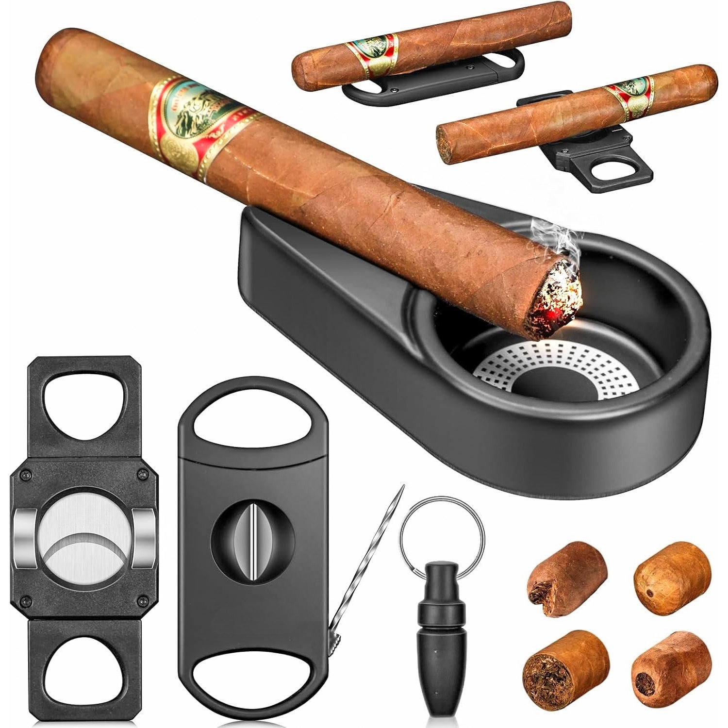 Cigar Ashtray Gift Set with Cutters, Punch, and Holder – Portable 4-Piece Cigar Accessories Kit