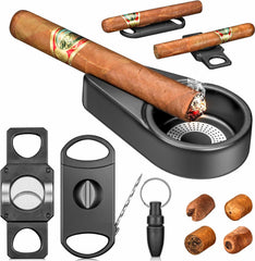 Image of Cigar Ashtray Gift Set with Cutters, Punch, and Holder – Portable 4-Piece Cigar Accessories Kit