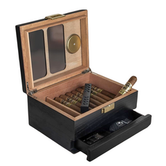 Image of Cedar Wood Desktop Cigar Humidor with Glass Top, Hygrometer, and Accessories