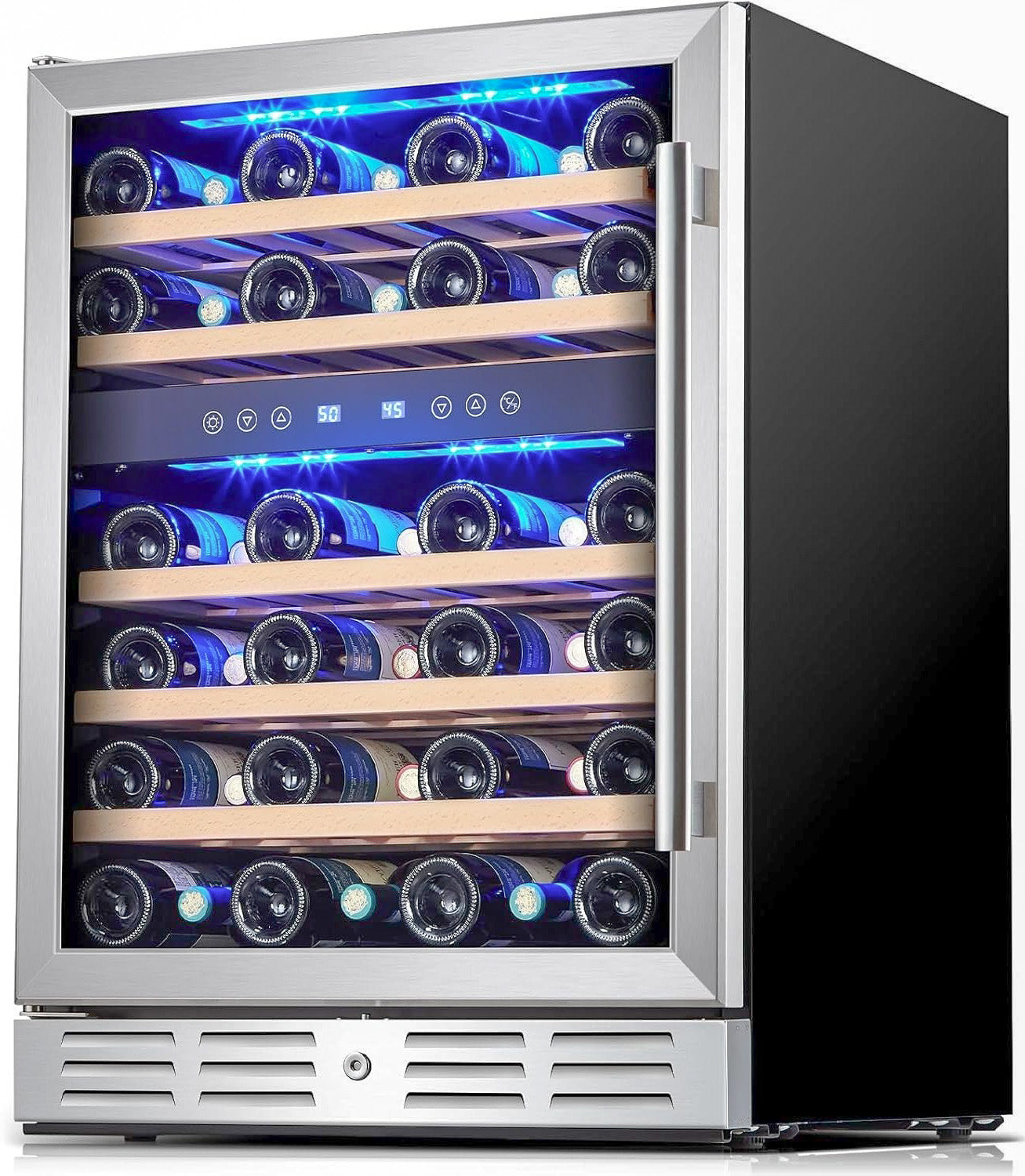 24-Inch Dual Zone Wine Cooler – 46 Bottle Wine Fridge with Reversible Glass Door, Built-In or Freestanding