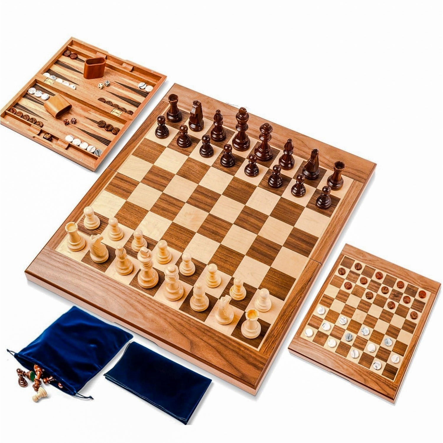 3-in-1 Wooden Chess, Checkers, and Backgammon Set – 17" Folding Game Board with Weighted Pieces