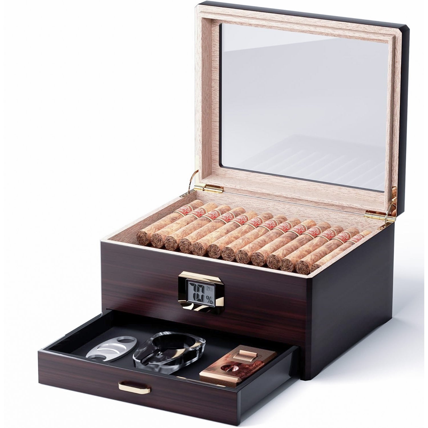 Cedar Cigar Humidor Box with Drawer and Digital Hygrometer – Holds 50 Cigars
