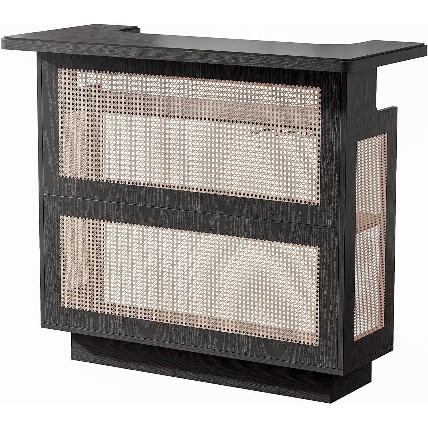 Farmhouse Rattan Home Bar Cabinet – 4-Tier Bar Table with Wine Storage and Stemware Racks