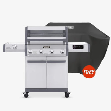 Barbecue grill with a black cover and 'FREE' label on a white background