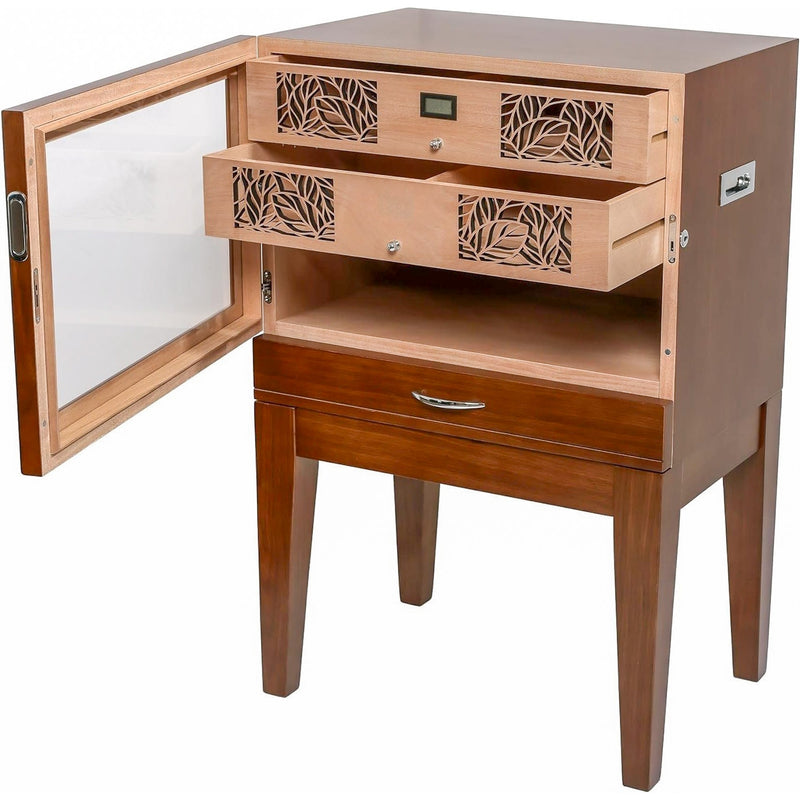 Walnut End Table Cigar Humidor with Cedar Trays and Glass Door – Large Capacity Storage