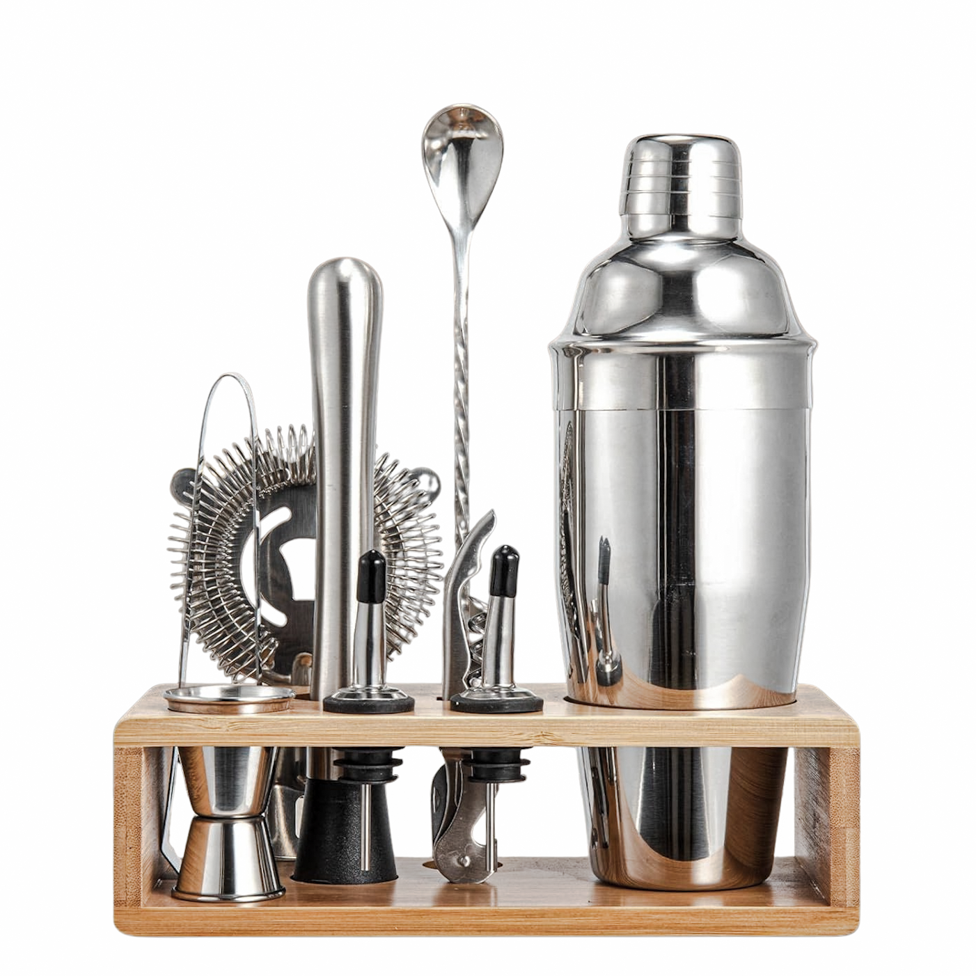 10-Piece Cocktail Shaker Set with Bamboo Stand – Stainless Steel Bartender Kit for Home Bar and Parties