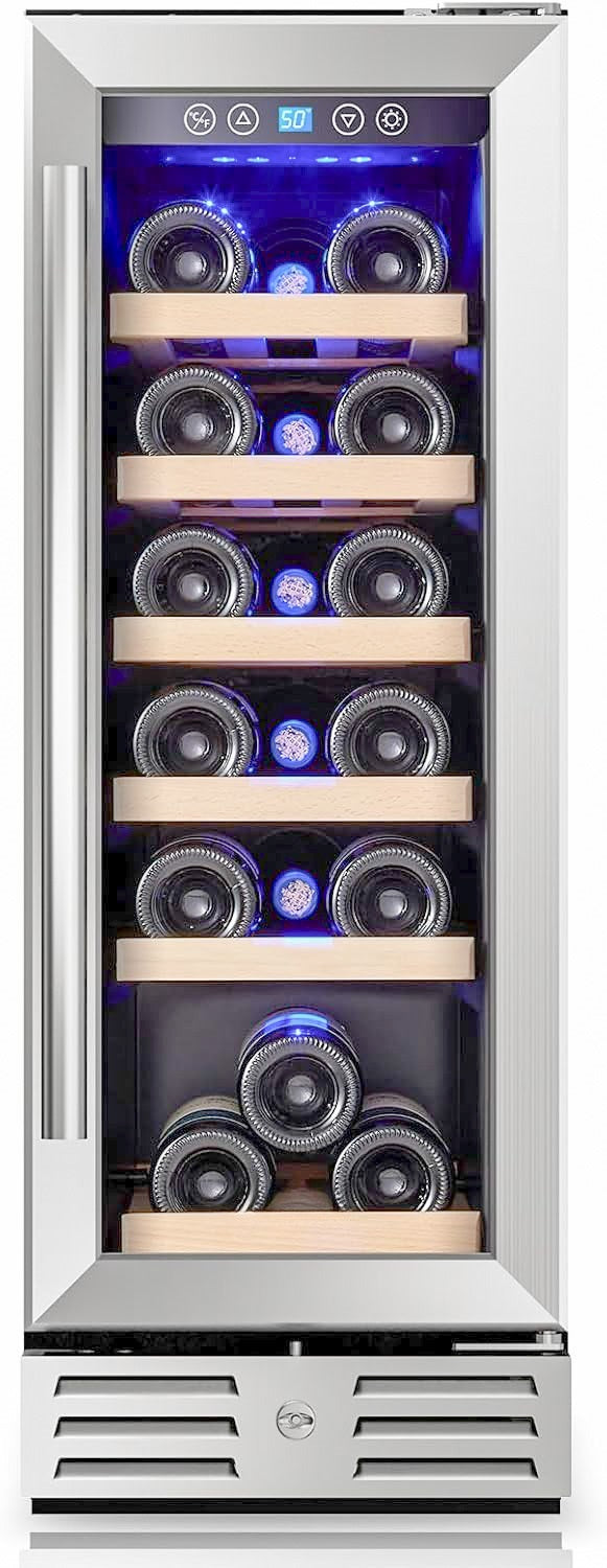 12-Inch Wine Cooler Refrigerator – 18 Bottle Mini Wine Fridge with Glass Door and Wooden Shelves
