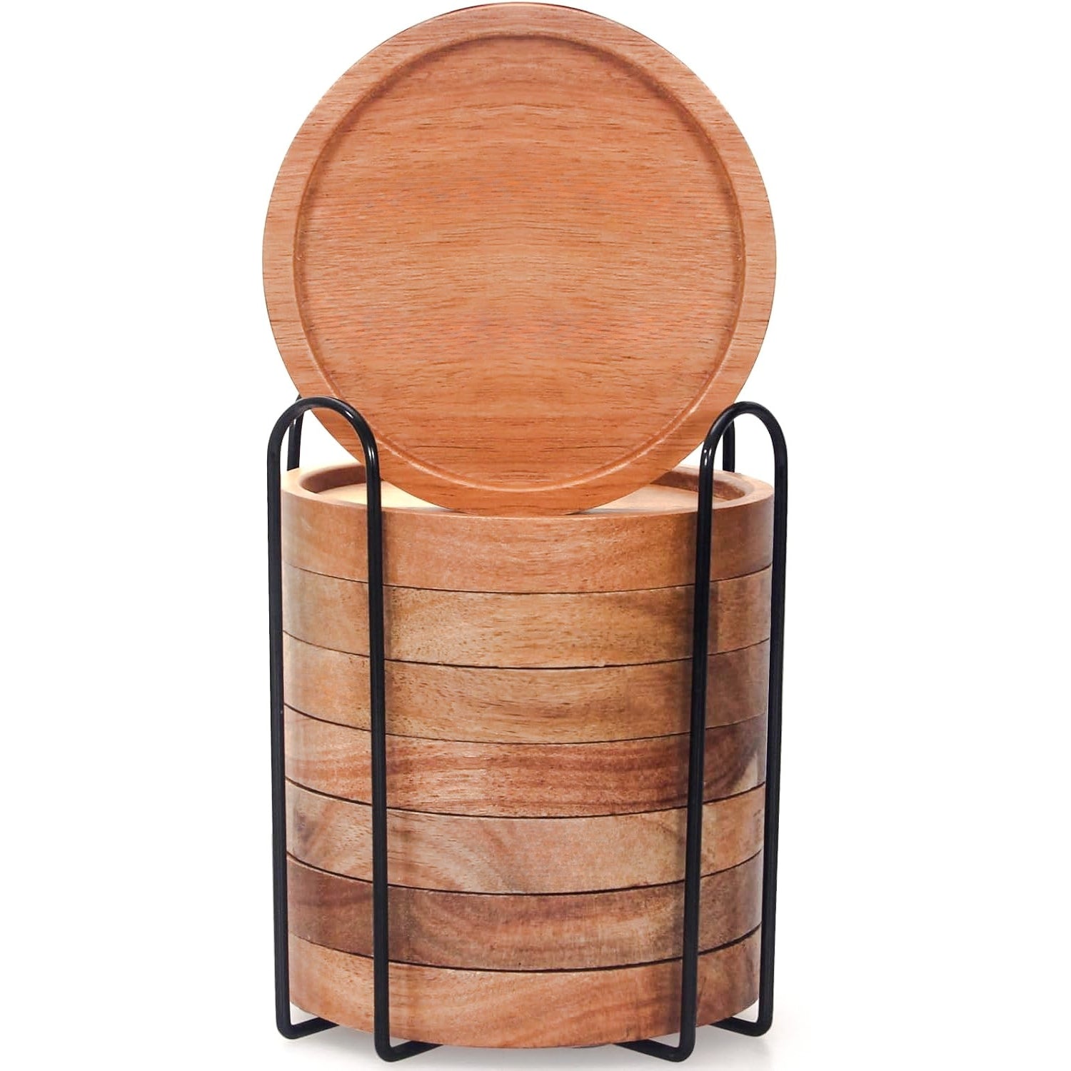 Rustic Acacia Wood Coasters Set of 8 with Holder – Farmhouse Drink Coasters