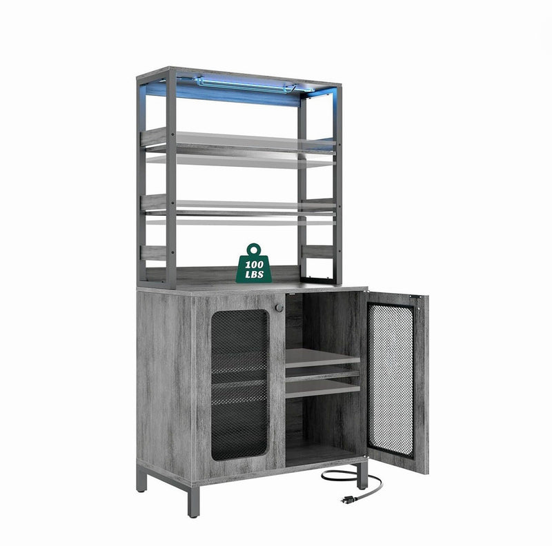 Tall Bar Cabinet with Power Outlets and LED Lights – Wine and Coffee Storage Rack for Home or Kitchen