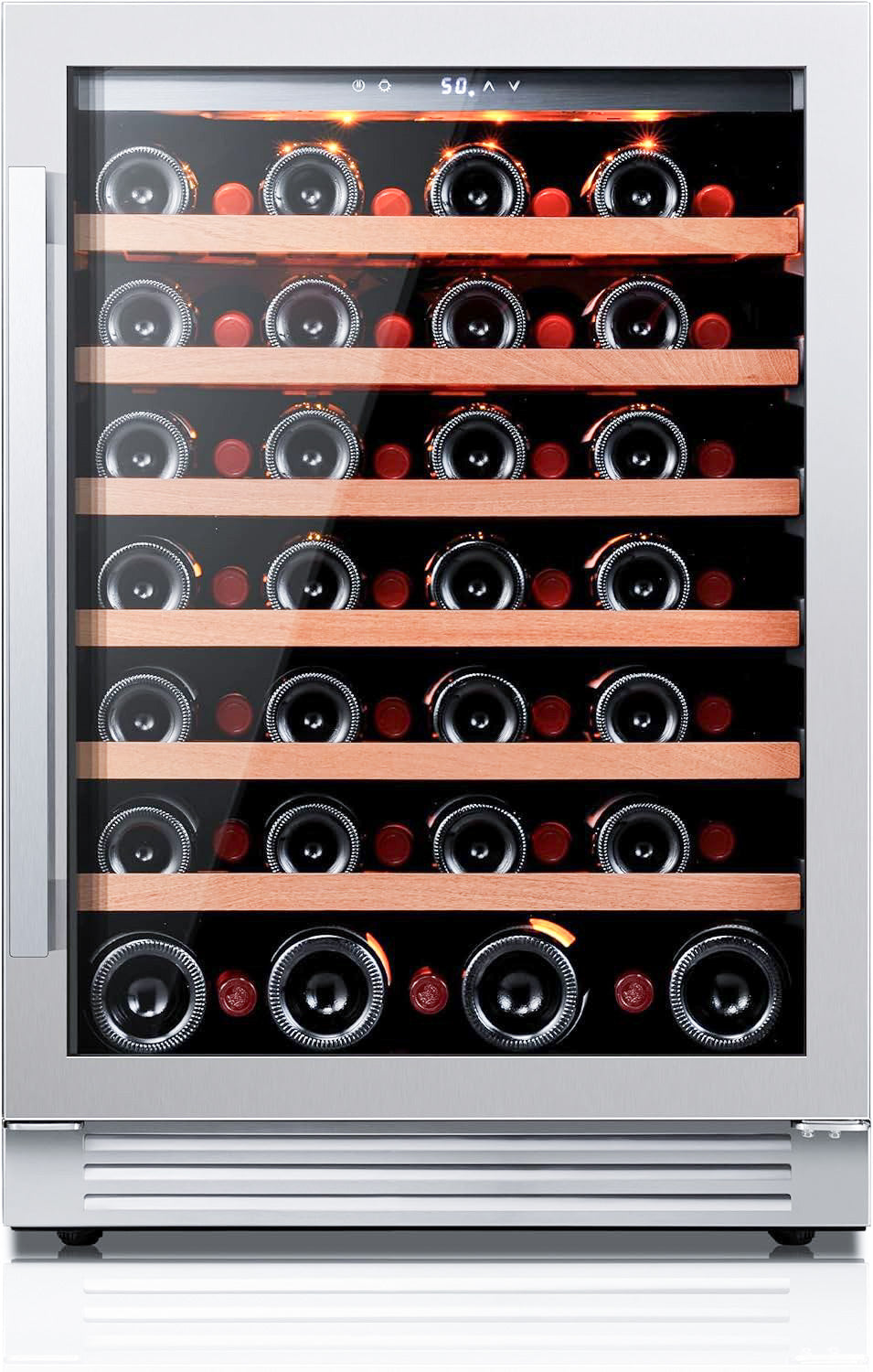 24" Wine Fridge – 54 Bottle Stainless Steel Cooler with LED Lighting and Adjustable Wooden Shelves