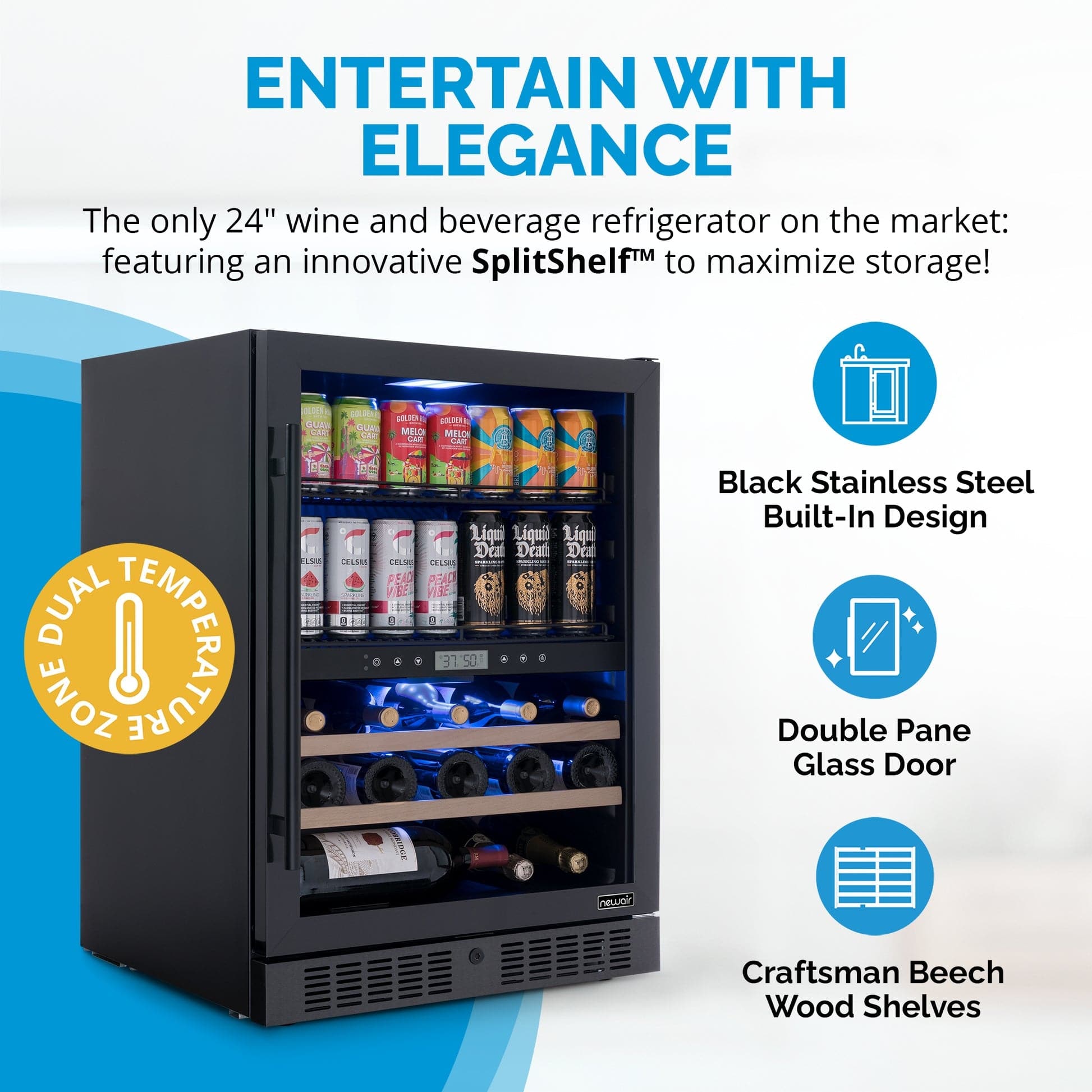 NewAir 100-Can 24-Bottle Dual Zone Black Beverage Fridge