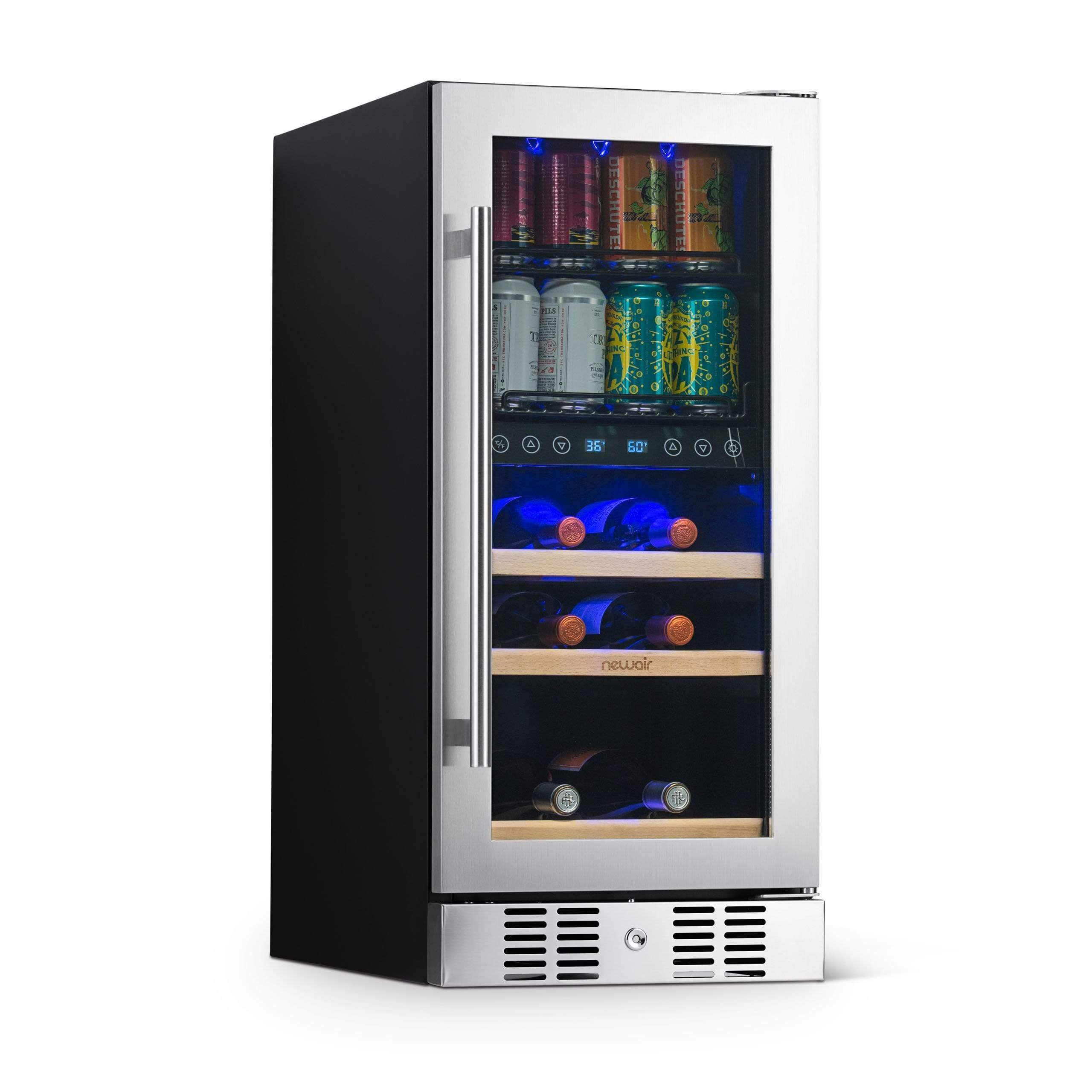 NewAir 15” Wide Premium Built-in 9 Bottle and 48 Cans Dual Zone Wine and Beverage Fridge NWB057SS00