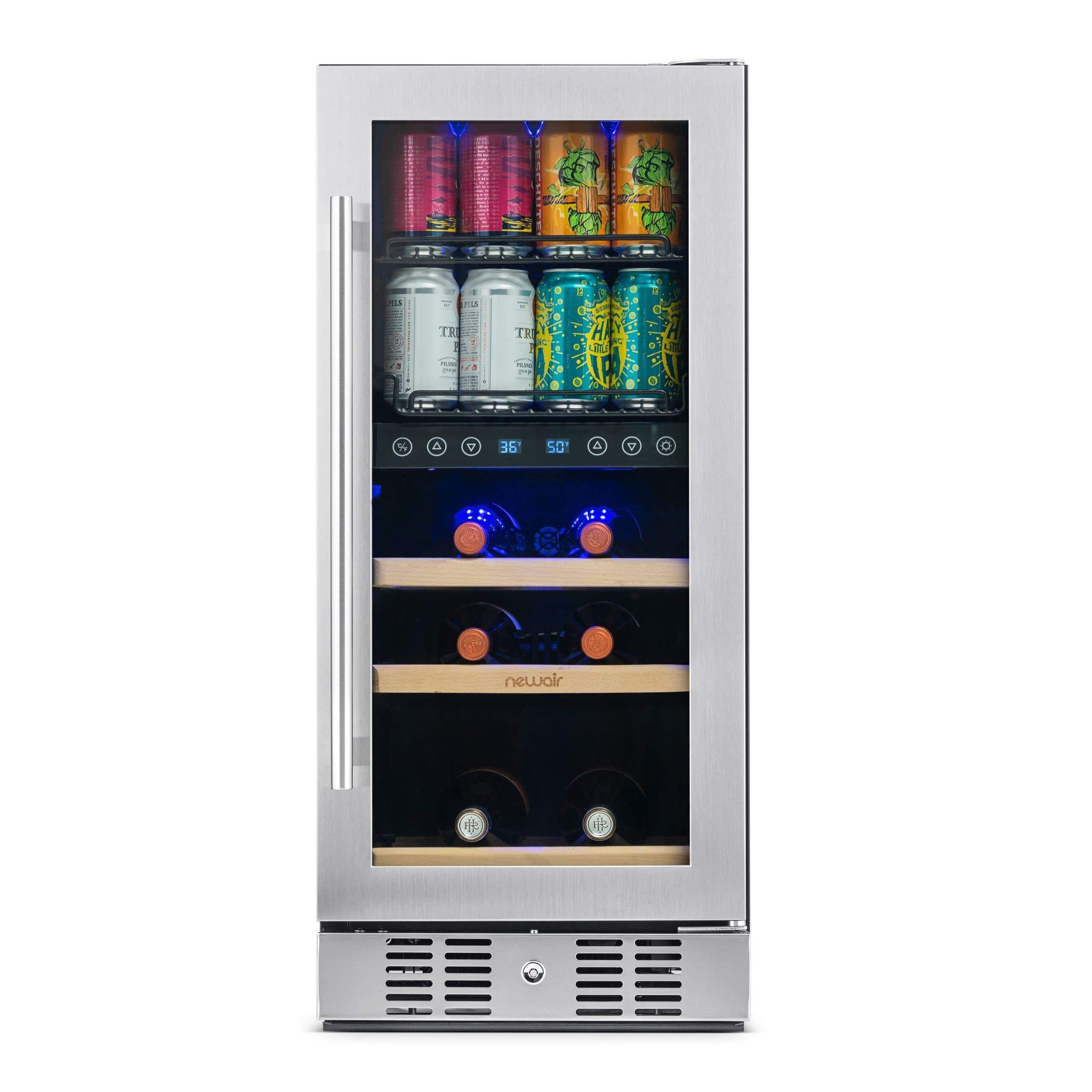 NewAir 15” Wide Premium Built-in 9 Bottle and 48 Cans Dual Zone Wine and Beverage Fridge NWB057SS00