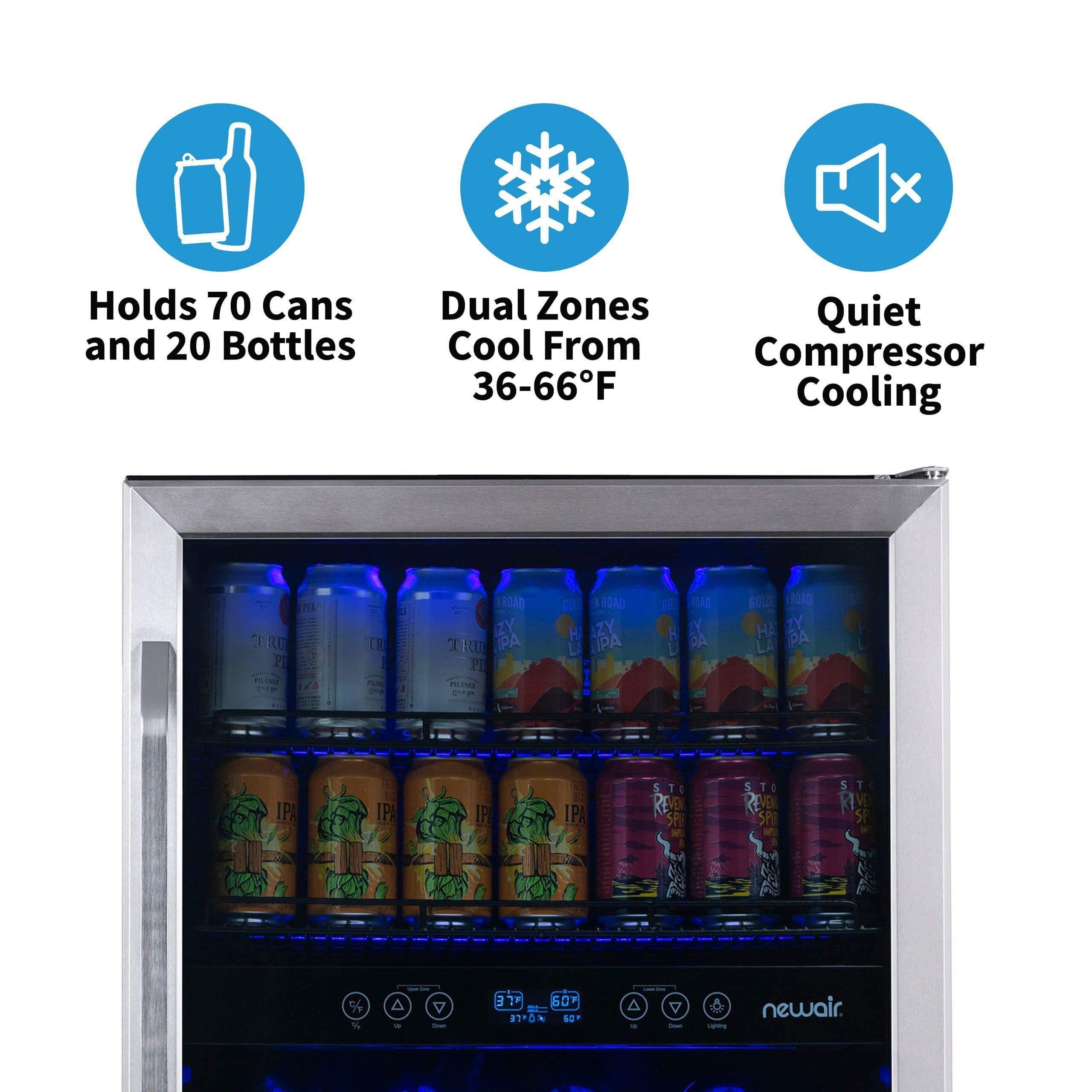 NewAir 24” Wide Built-in 20 Bottle and 70 Cans Dual Zone Wine and Beverage Fridge AWB-400DB
