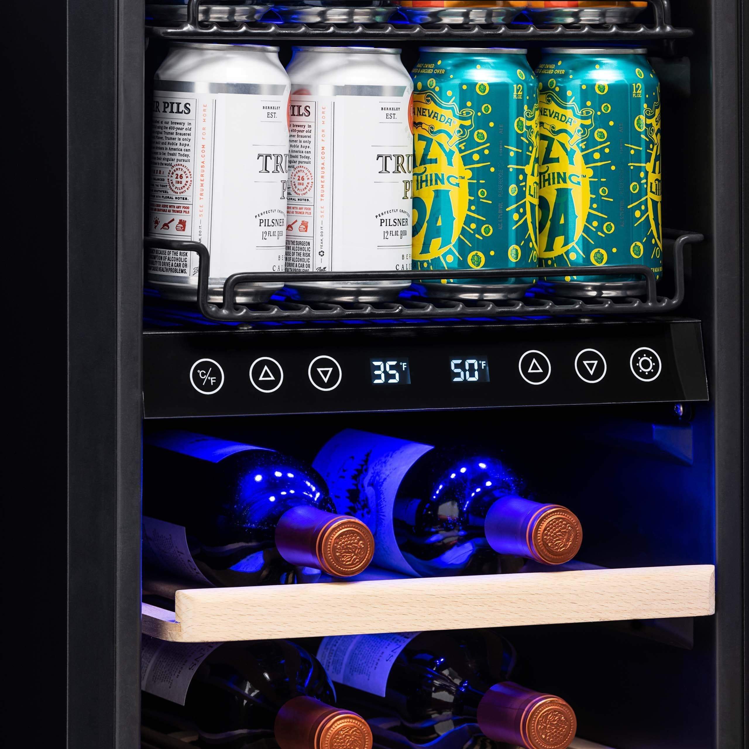NewAir 15” Wide Premium Built-in 9 Bottle and 48 Cans Dual Zone Wine and Beverage Fridge NWB057SS00
