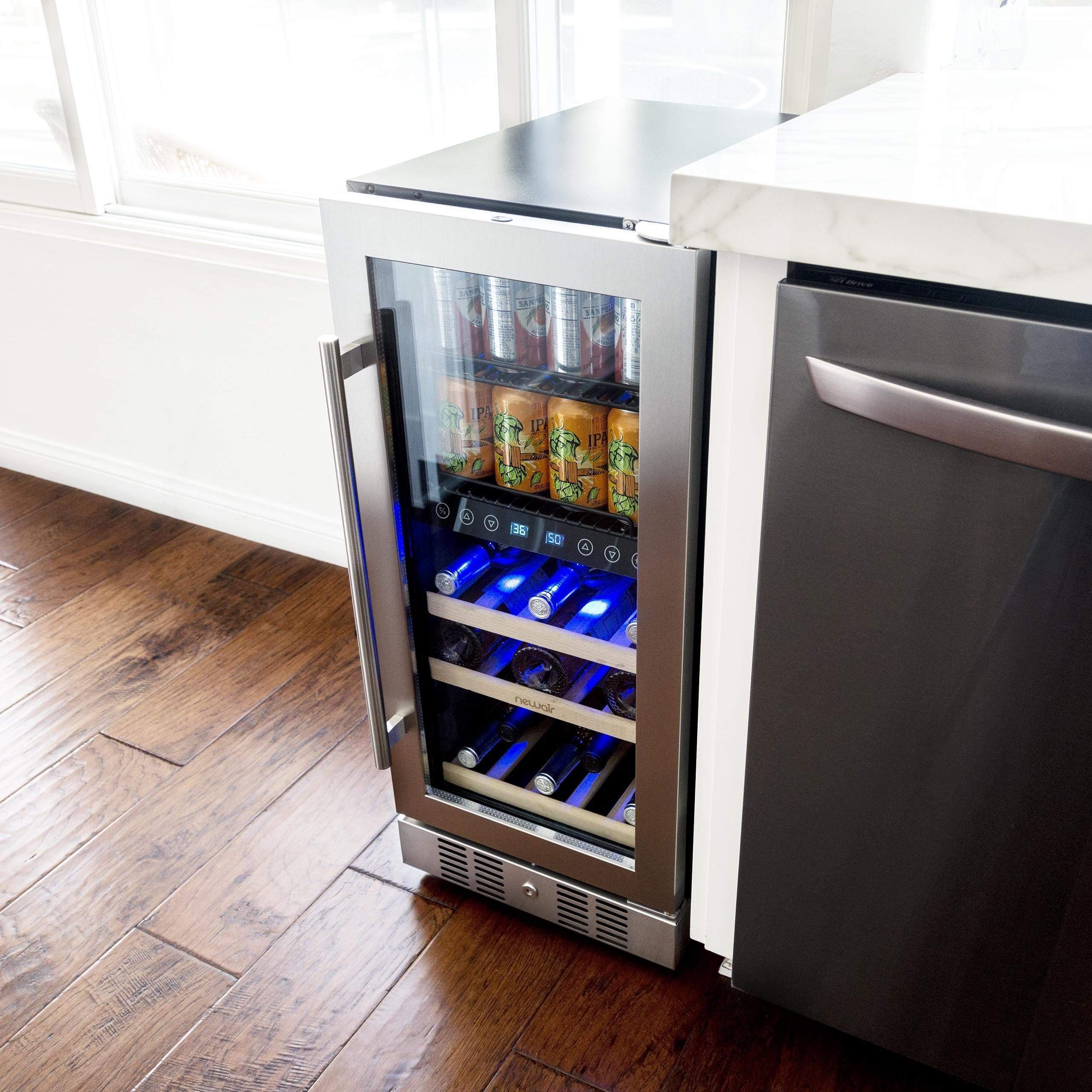 NewAir 15” Wide Premium Built-in 9 Bottle and 48 Cans Dual Zone Wine and Beverage Fridge NWB057SS00