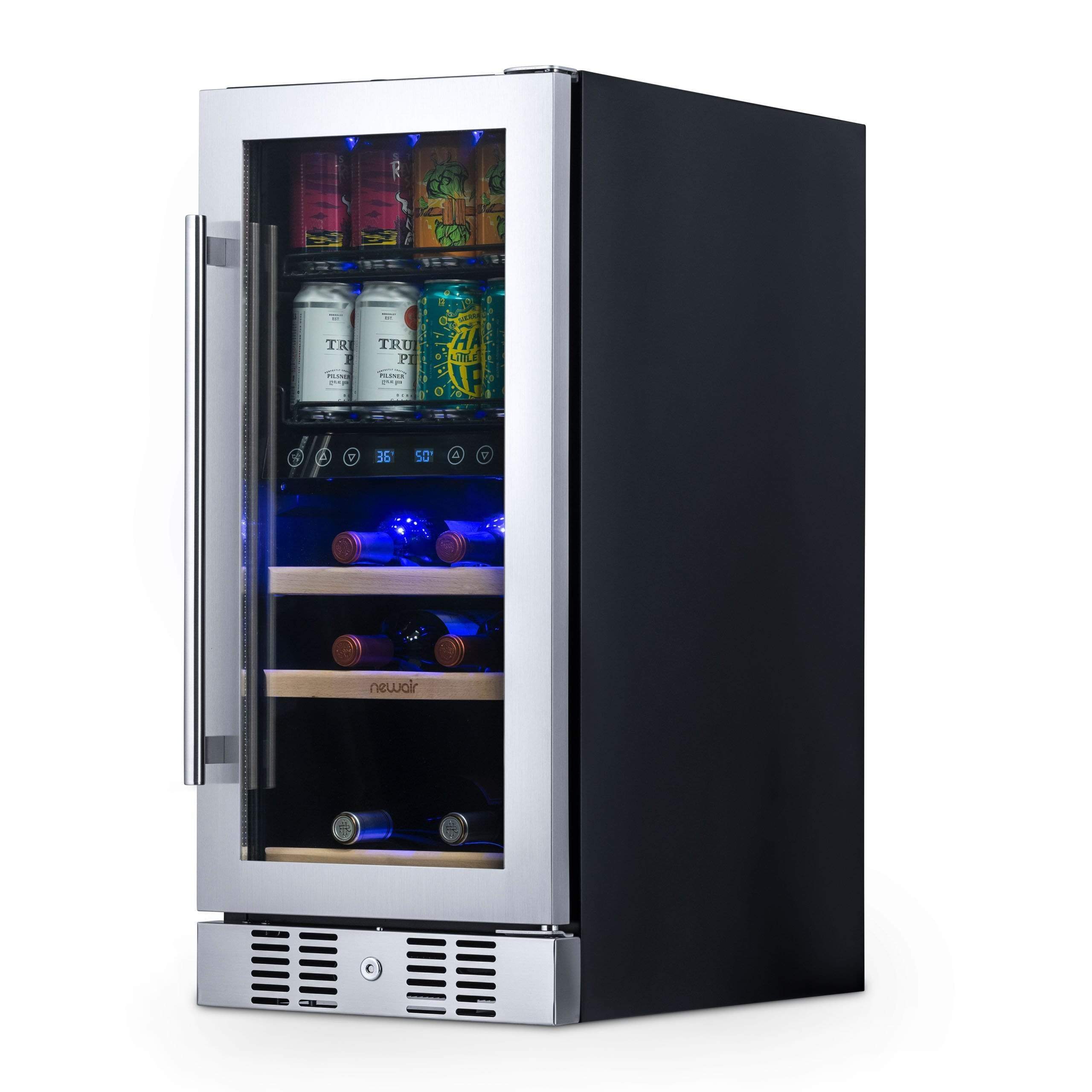 NewAir 15” Wide Premium Built-in 9 Bottle and 48 Cans Dual Zone Wine and Beverage Fridge NWB057SS00