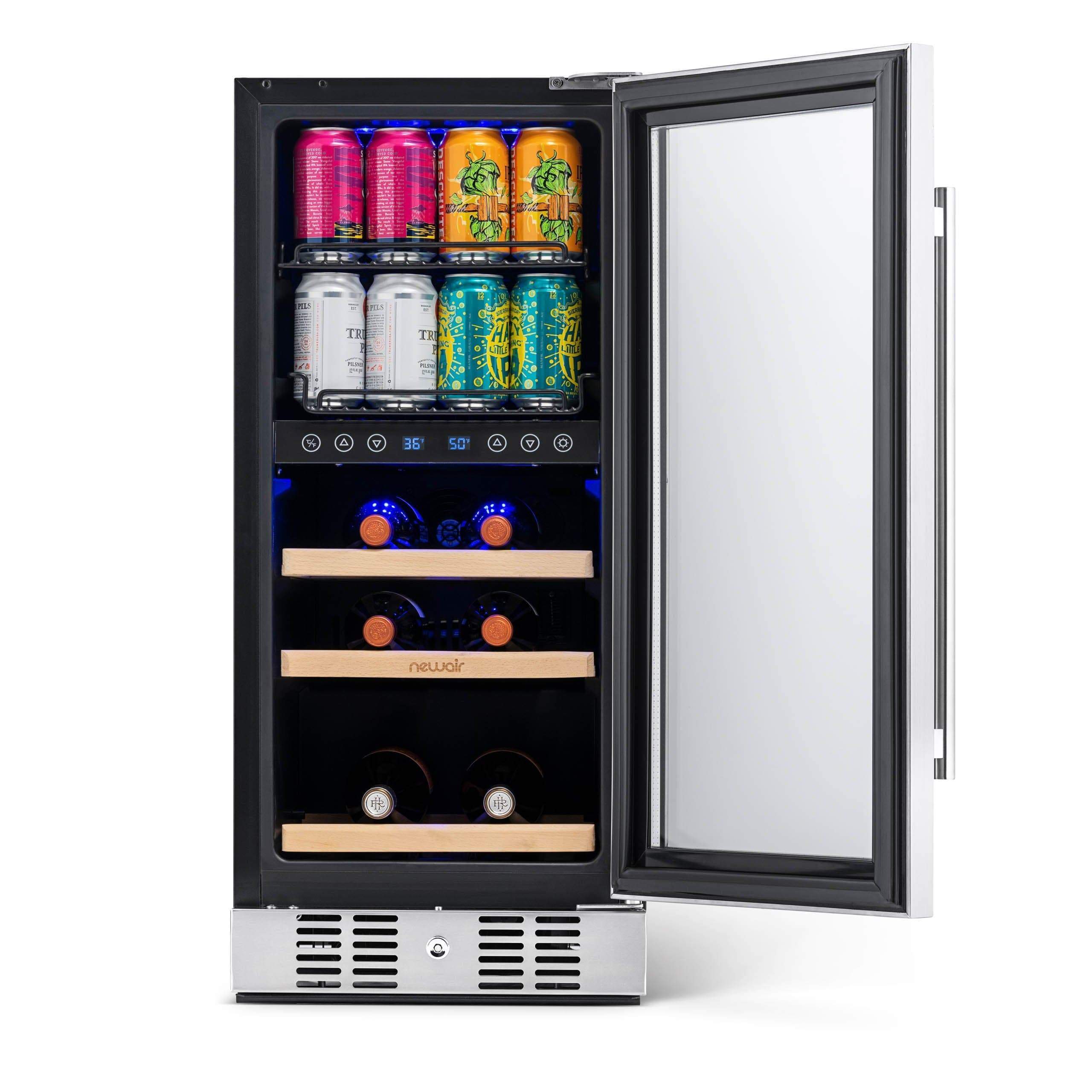 NewAir 15” Wide Premium Built-in 9 Bottle and 48 Cans Dual Zone Wine and Beverage Fridge NWB057SS00
