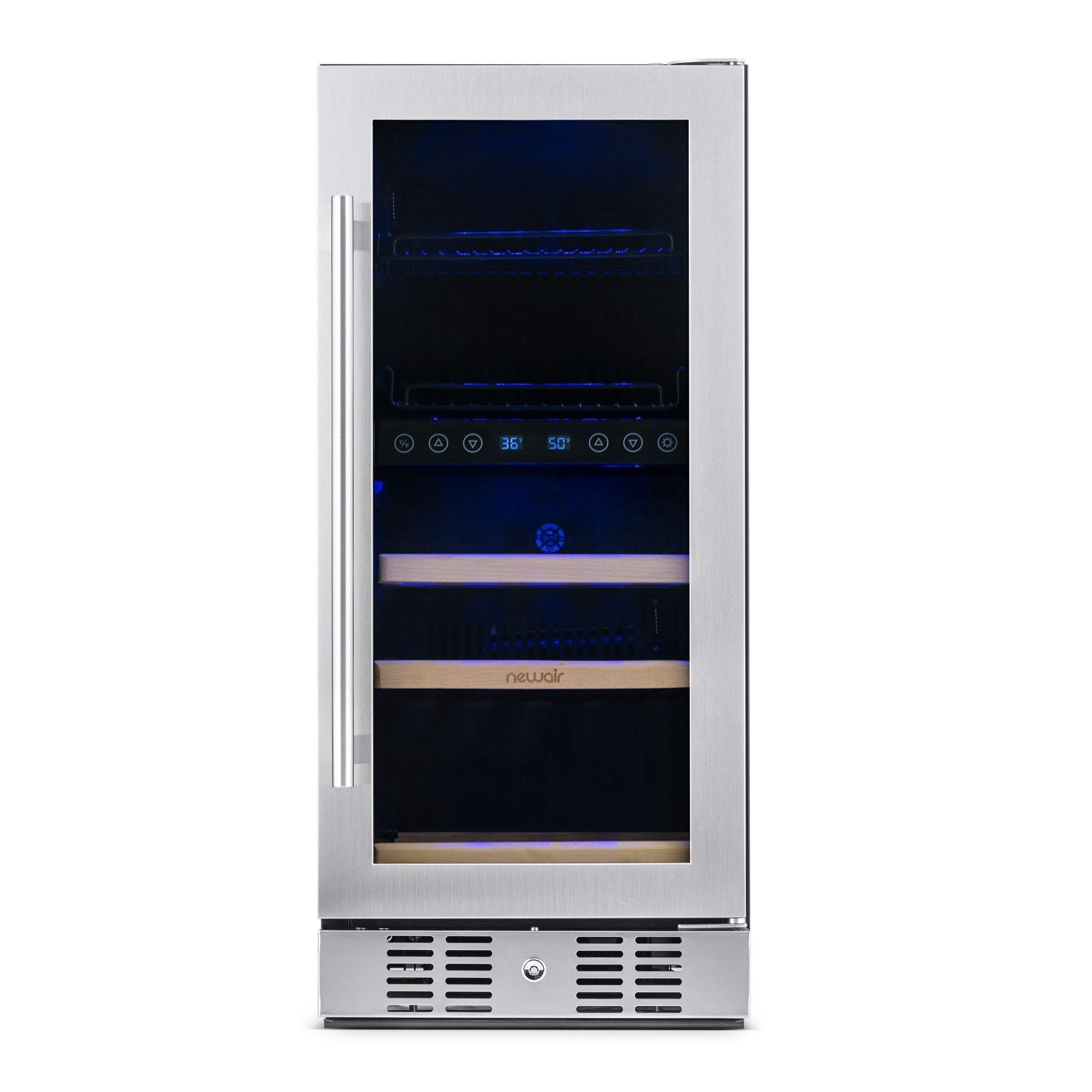 NewAir 15” Wide Premium Built-in 9 Bottle and 48 Cans Dual Zone Wine and Beverage Fridge NWB057SS00