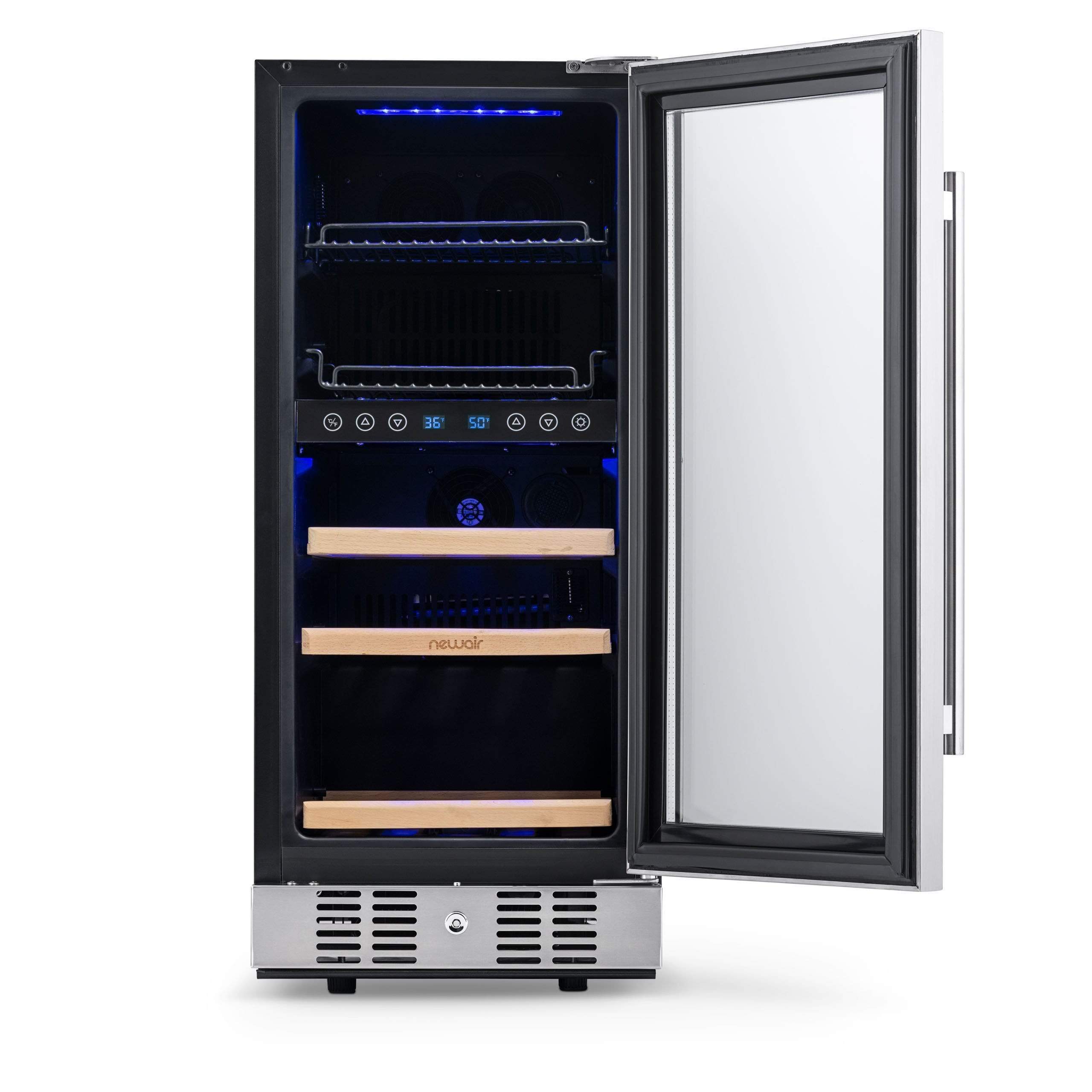 NewAir 15” Wide Premium Built-in 9 Bottle and 48 Cans Dual Zone Wine and Beverage Fridge NWB057SS00