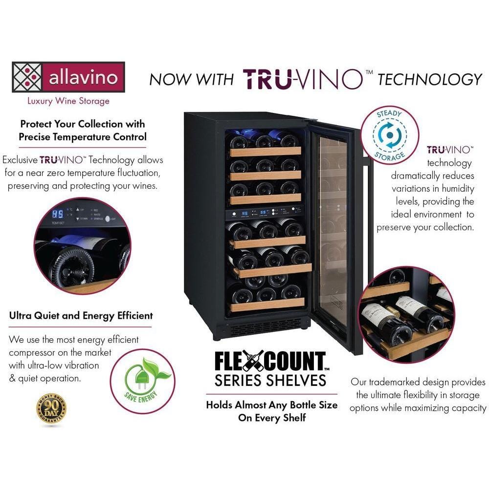 Allavino 15" Wide FlexCount II Tru-Vino 30 Bottle Dual Zone Wine Refrigerator VSWR30-2BR20