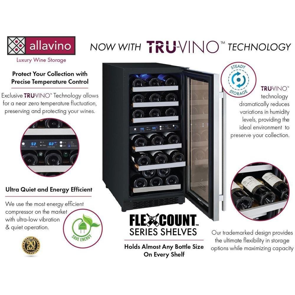 Allavino 15" Wide FlexCount II Tru-Vino 30 Bottle Dual Zone Wine Refrigerator VSWR30-2SR20